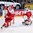 COLOGNE, GERMANY - MAY 12: Denmark's Sebastian Dahm #32 and Emil Kristensen #28 look on after allowing a first period goal to Germany's Brooks Macek #12 (not shown) during preliminary round action at the 2017 IIHF Ice Hockey World Championship. (Photo by Andre Ringuette/HHOF-IIHF Images)

